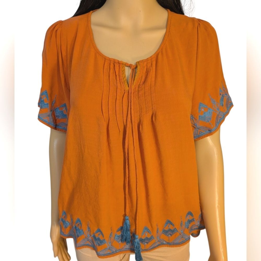 Umgee Burnt Orange and Blue Embroidery Boho Shirt Medium